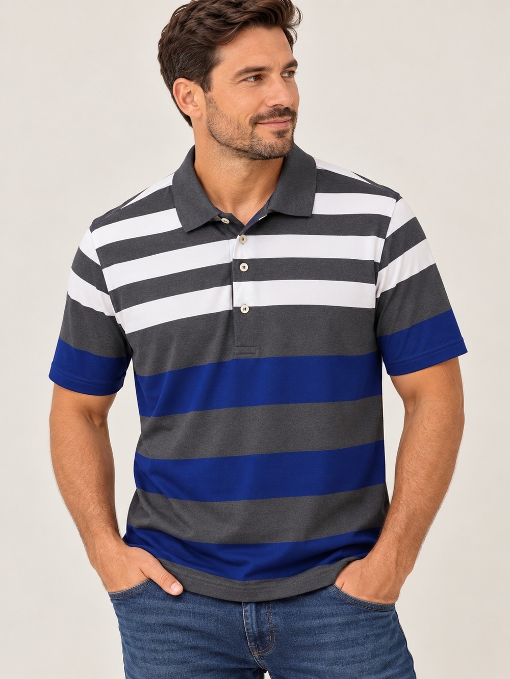 Ralph Lauren Men’s Striped Polo in Blue, Gray & White